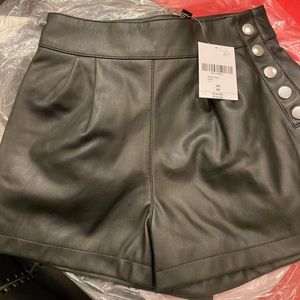 XS Faux Leather Shorts Black Button Side pleated